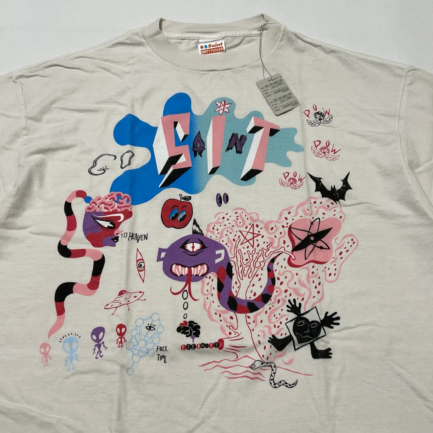 SAINT Mxxxxxx SS TEE/DAY OF THE FREAKS/WHT Monster Day/Monster Illustration Short Sleeve Off-White S-XL Same as the original version OE yarn cylinder without side seam fabric Top printing technology Zero difference restoration ZP Complete copy matching Main mark/wash mark/cherub mark complete